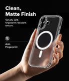[Bundle] iPhone 17 | Fusion Magnetic - Hand holding a clear, matte iPhone 17 case with a white magnetic ring on a black background.
