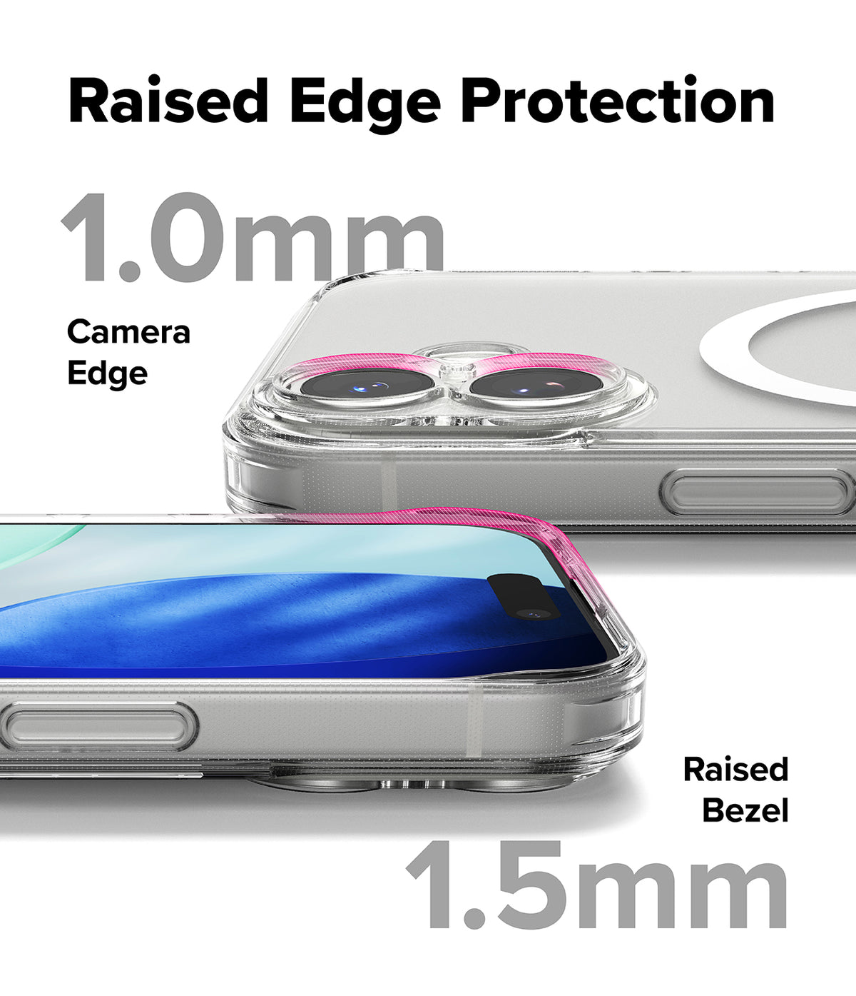 iPhone 17 Case | Fusion Magnetic Matte - Close-up showing 1.0mm camera edge and 1.5mm screen bezel protection on a clear phone case.