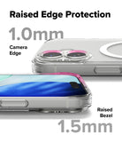 iPhone 17 Case | Fusion Magnetic Matte - Close-up showing 1.0mm camera edge and 1.5mm screen bezel protection on a clear phone case.