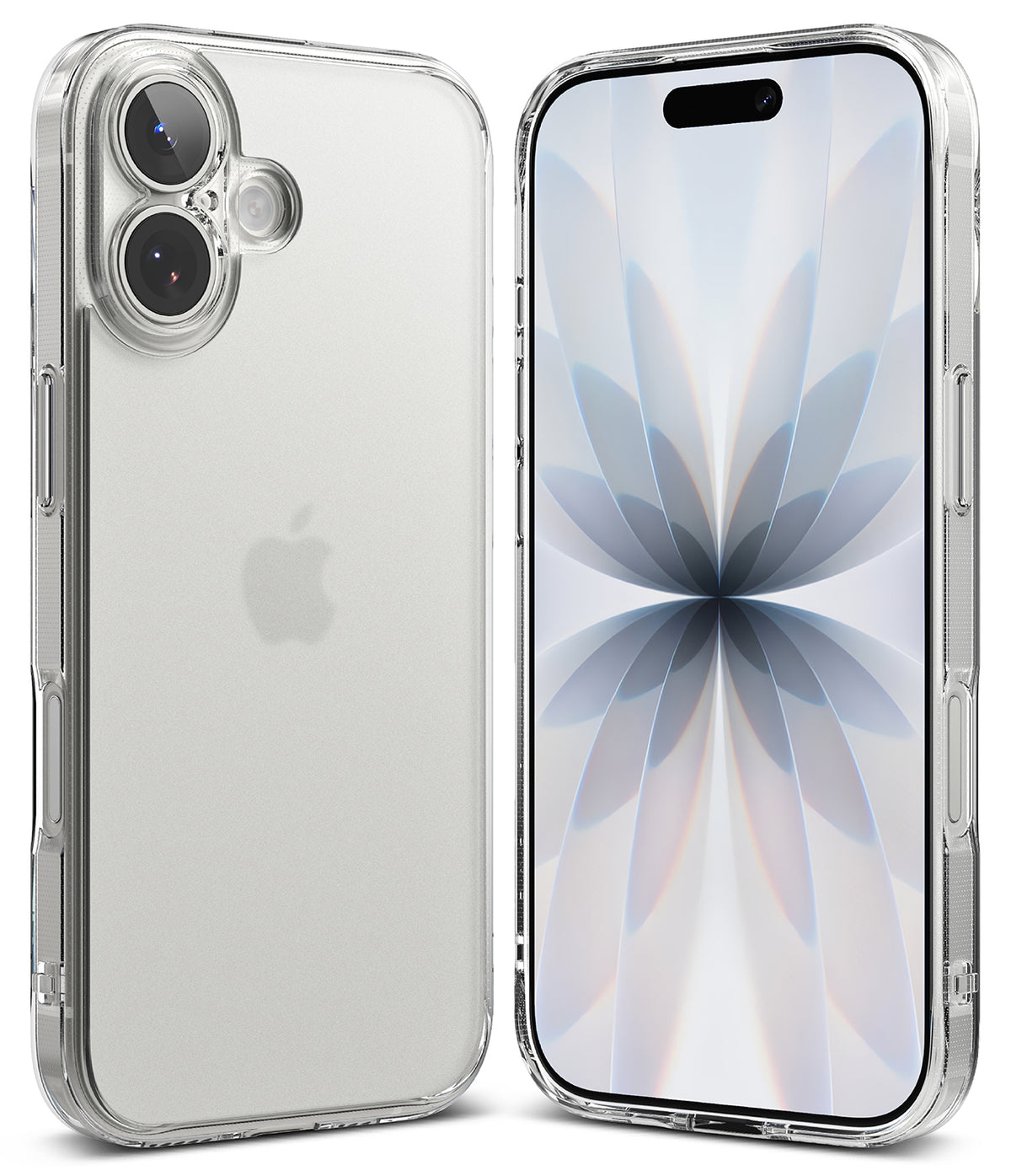 iPhone 17 Case | Fusion Matte - Front and back views of a clear, matte iPhone case with a dual-camera cutout and floral wallpaper.