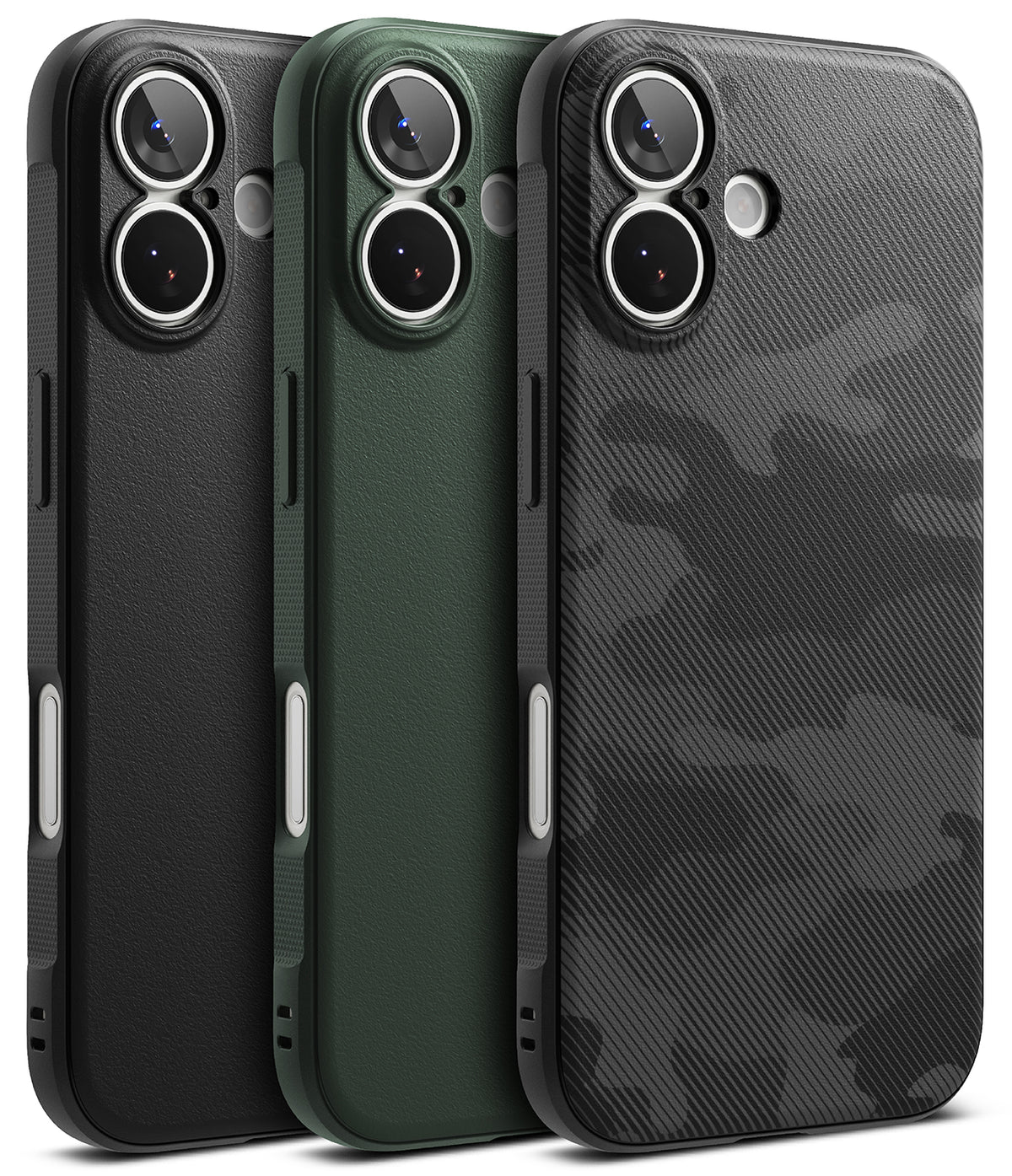 iPhone 17 Case | Onyx - Three iPhone 17 cases in black, green, and black camo, each featuring a dual-lens camera cutout.