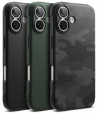 iPhone 17 Case | Onyx - Three iPhone 17 cases in black, green, and black camo, each featuring a dual-lens camera cutout.