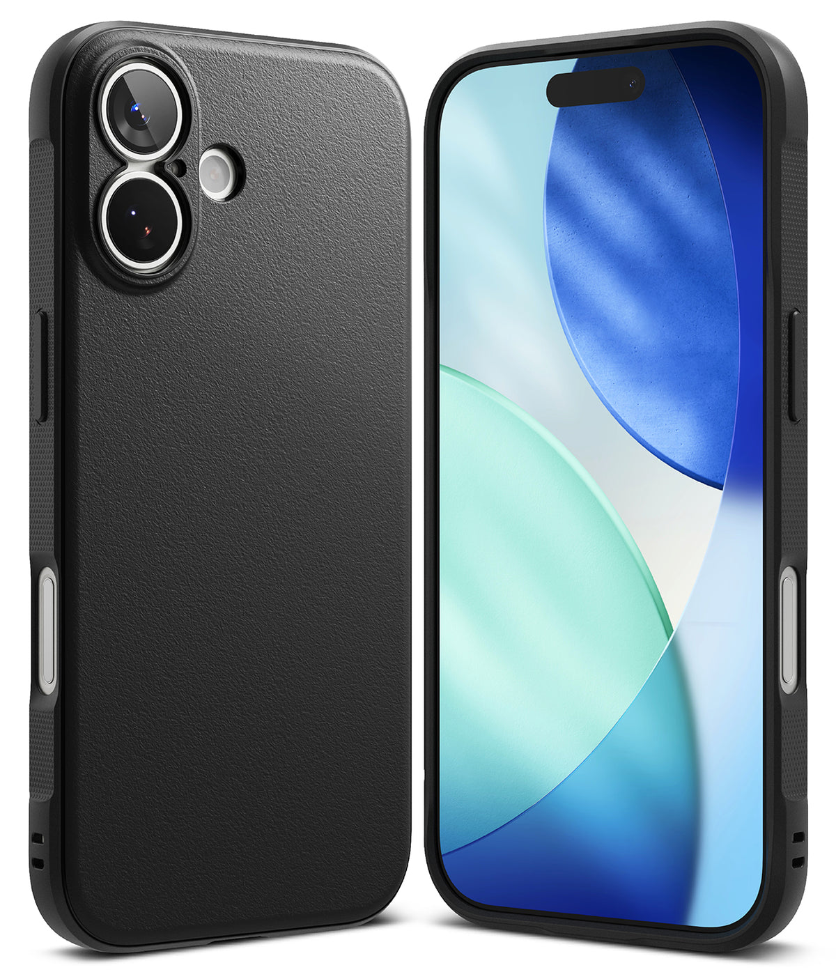 iPhone 17 Case | Onyx - Matte black phone case shown from back and front, featuring a textured finish and dual camera cutout.