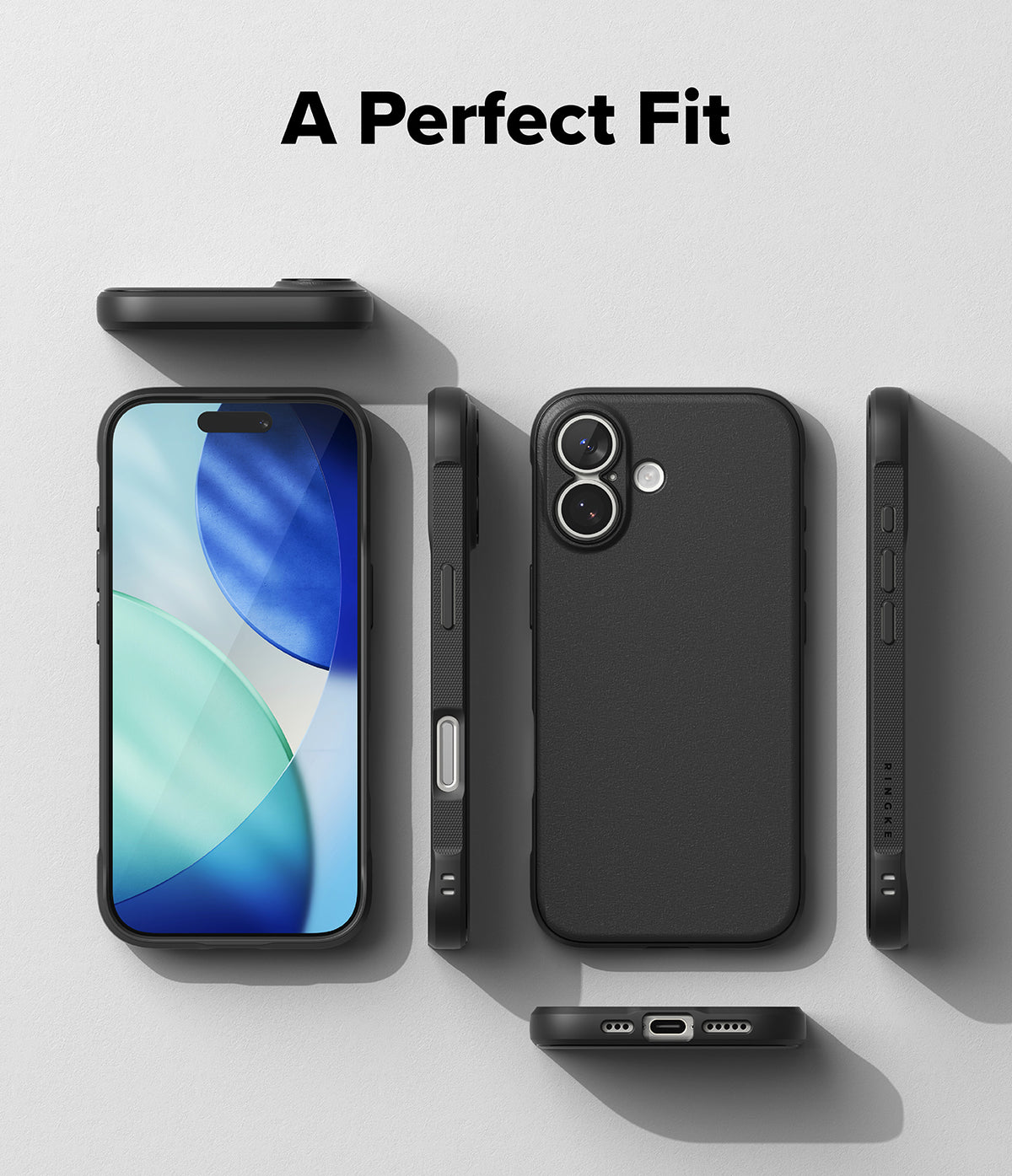 iPhone 17 Case | Onyx - Multiple views of a black phone case showing the front, back, sides, and bottom ports on a gray background.