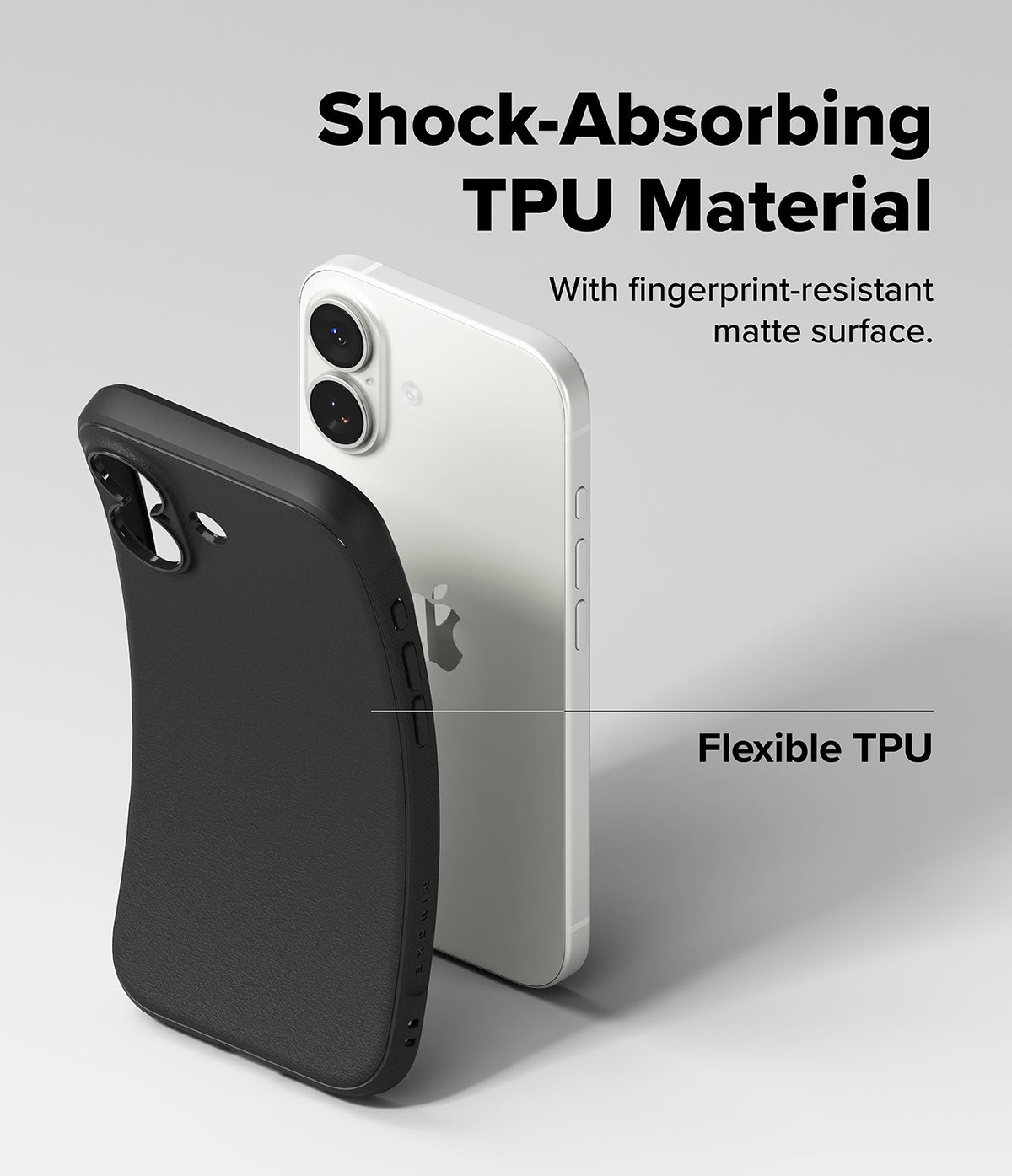 iPhone 17 Case | Onyx - A flexible black matte TPU phone case shown next to a white iPhone, highlighting shock-absorption.