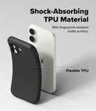 iPhone 17 Case | Onyx - A flexible black matte TPU phone case shown next to a white iPhone, highlighting shock-absorption.