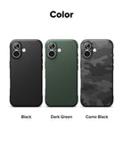 iPhone 17 Case | Onyx - Three iPhone 17 cases in black, dark green, and camo black arranged side-by-side against a white background.