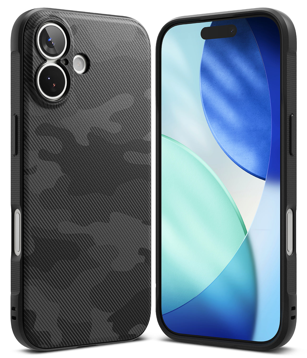 iPhone 17 Case | Onyx - Black phone case with a textured camo pattern and dual-lens camera cutout, shown from front and back.