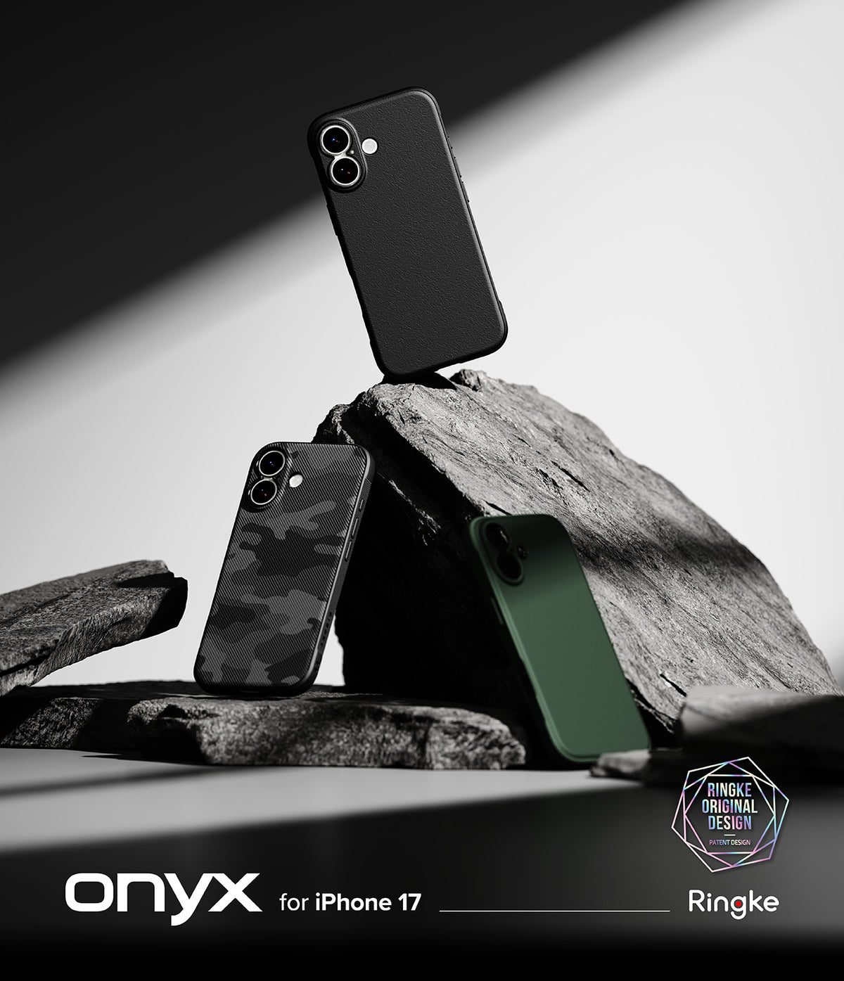 iPhone 17 Case | Onyx - Three iPhone 17 cases in black, camo, and green displayed on jagged rocks against a minimalist background.