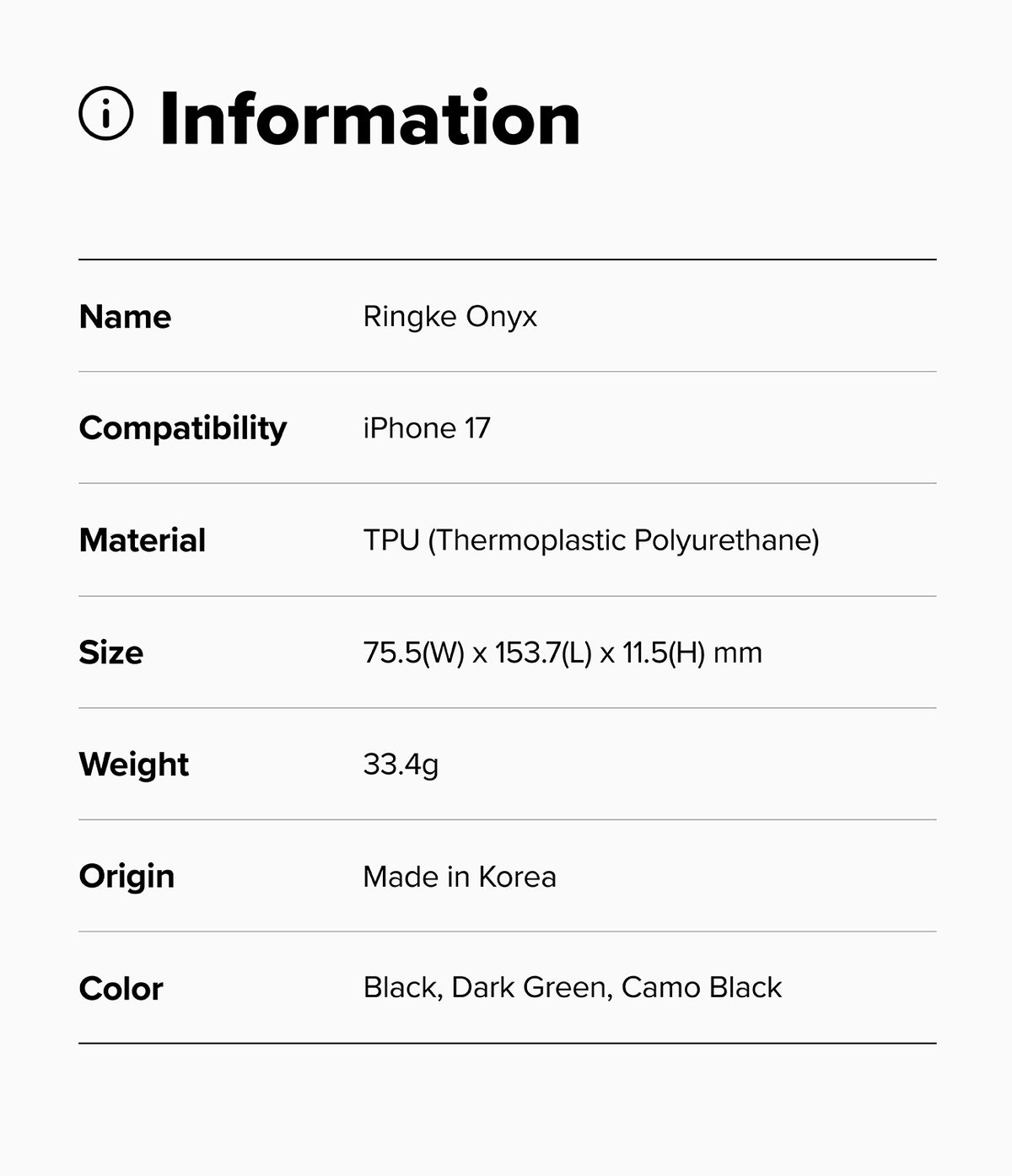 iPhone 17 Case | Onyx - Information table listing product name, compatibility, material, size, weight, origin, and color.