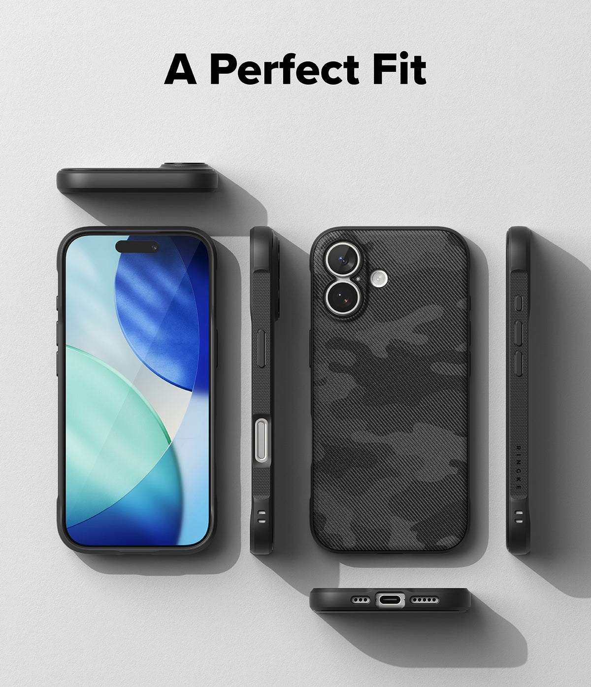 iPhone 17 Case | Onyx - Black camo phone case shown from multiple angles with a phone screen display and "A Perfect Fit" text.