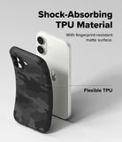 iPhone 17 Case | Onyx - A flexible black camo TPU phone case next to a white iPhone, highlighting shock-absorbing material.