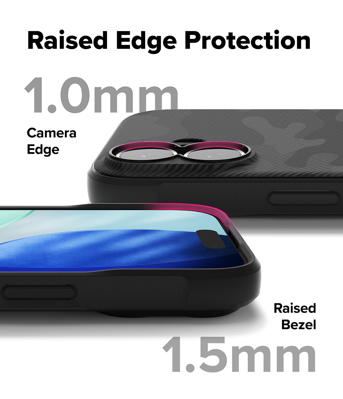 iPhone 17 Case | Onyx - Black phone case showing 1.0mm raised camera edge and 1.5mm raised screen bezel protection.