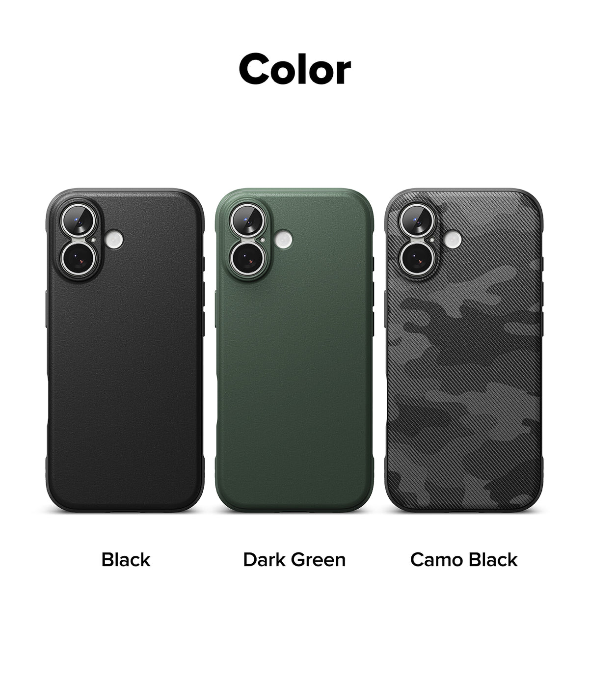 iPhone 17 Case | Onyx - Three iPhone 17 cases in black, dark green, and camo black arranged side-by-side against a white background.