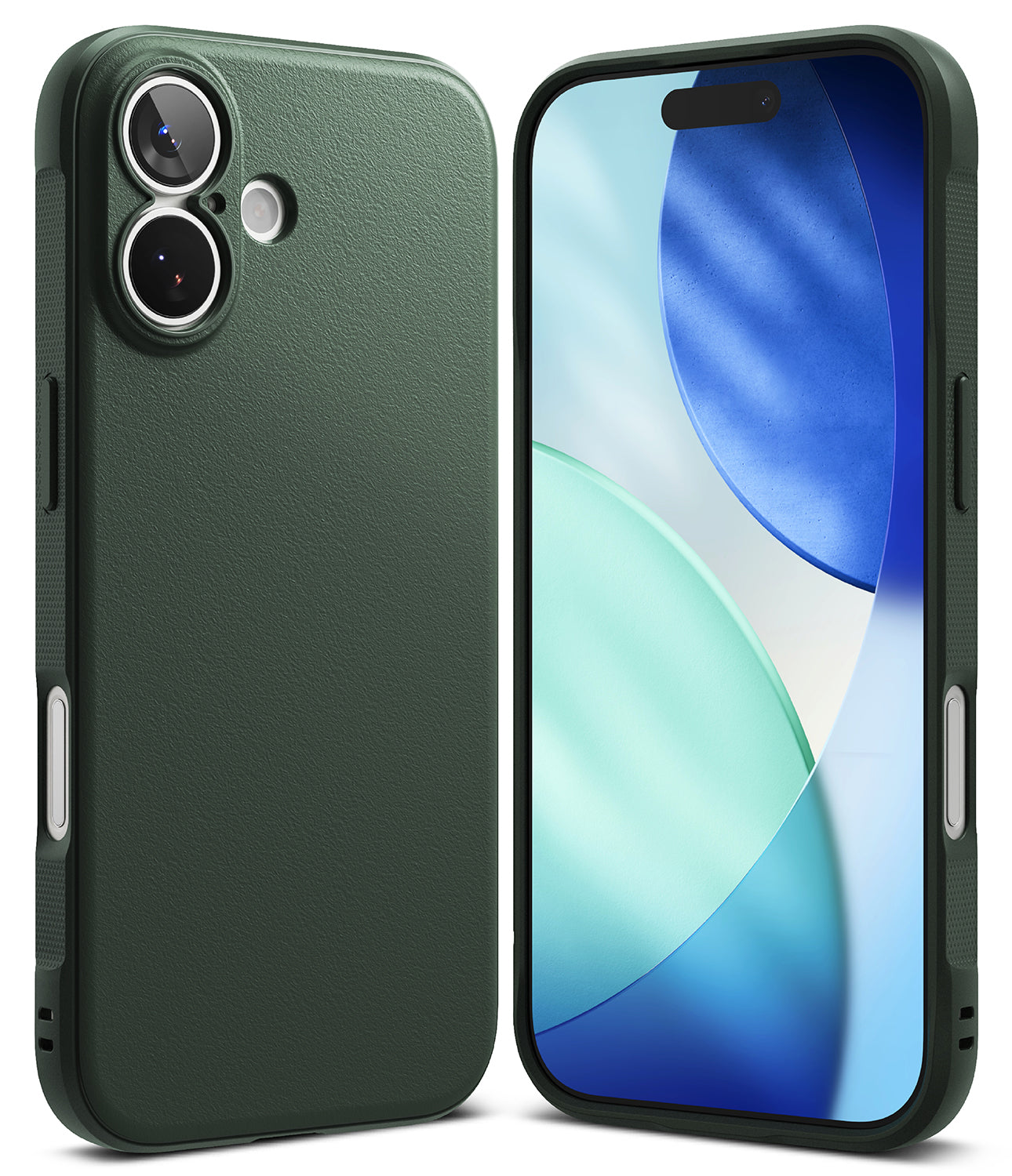 iPhone 17 Case | Onyx - Dark green textured phone case shown from the back and front with a blue abstract screen display.