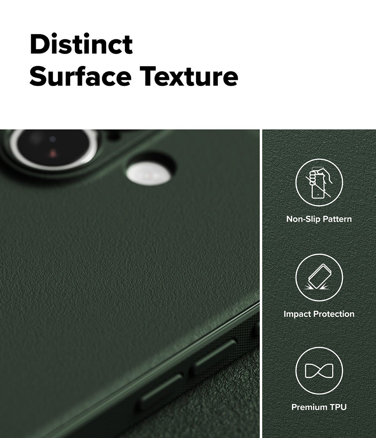 iPhone 17 Case | Onyx - Close-up of dark green textured phone case with icons for non-slip, impact protection, and premium TPU.