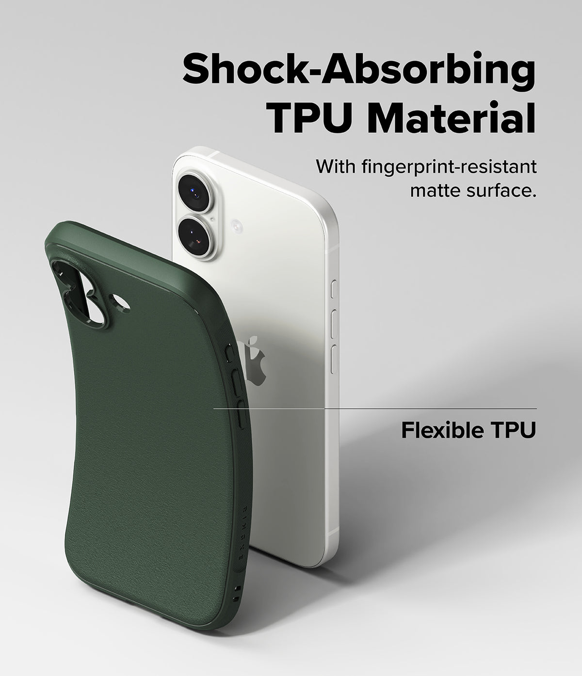 iPhone 17 Case | Onyx - A flexible, dark green matte TPU phone case being pulled away from a white iPhone 17.