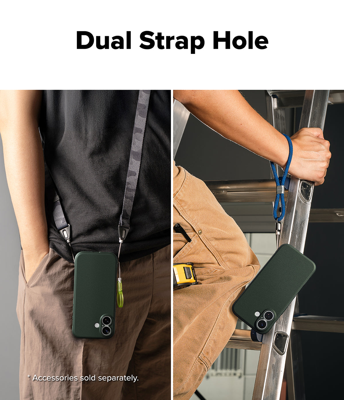 iPhone 17 Case | Onyx - Split view showing a dark green phone case worn with a shoulder strap and a wrist lanyard.