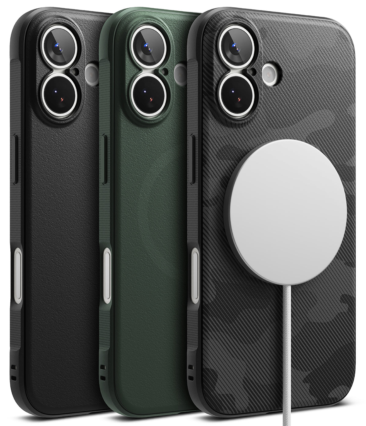 iPhone 17 Case | Onyx Magnetic - Three iPhone 17 cases in black, green, and camo with a white magnetic charger attached.
