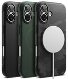 iPhone 17 Case | Onyx Magnetic - Three iPhone 17 cases in black, green, and camo with a white magnetic charger attached.