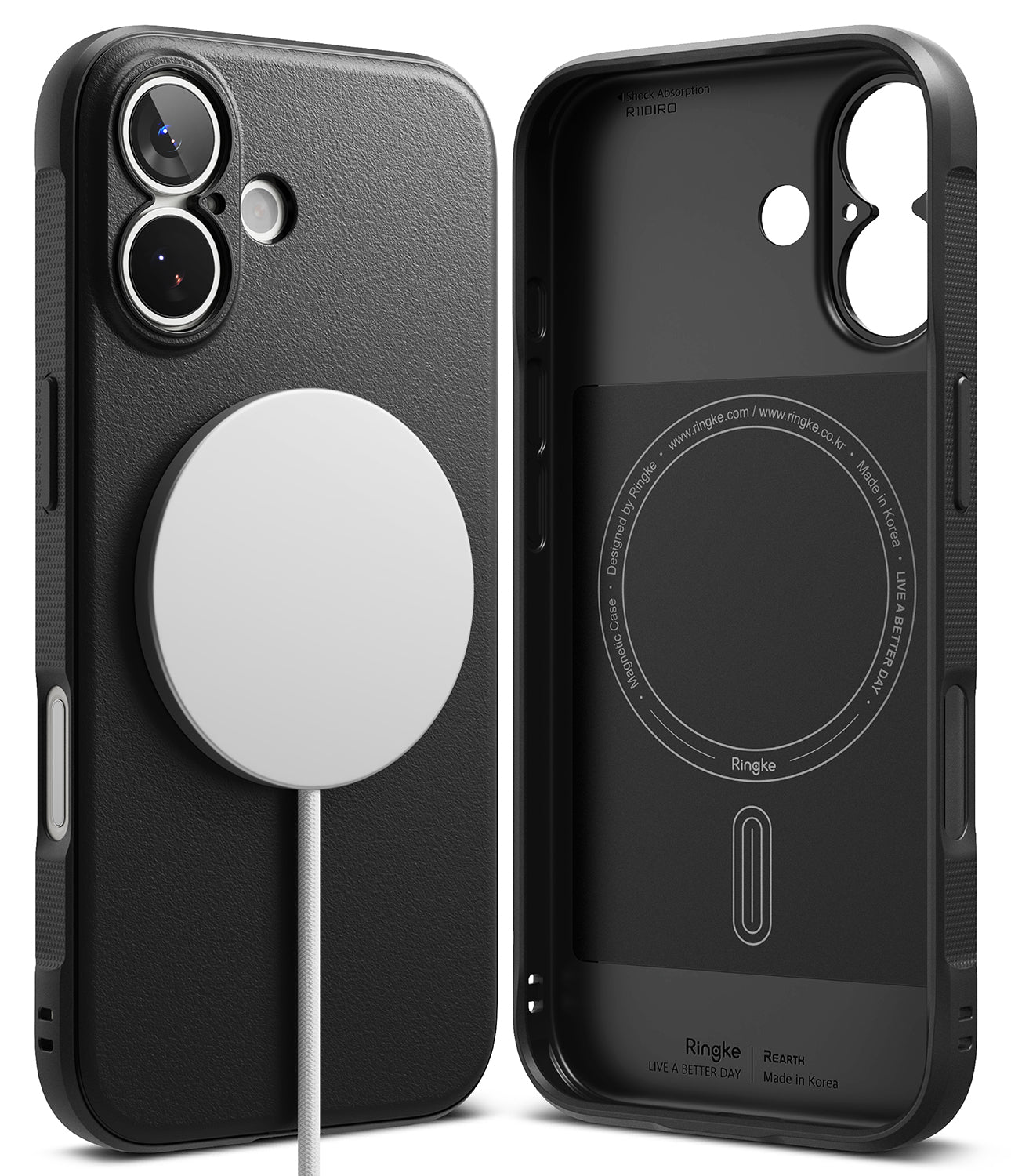 iPhone 17 Case | Onyx Magnetic - Matte black phone case with a magnetic charging disc on the back and interior view.