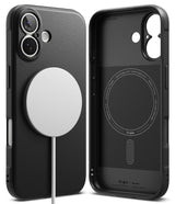 iPhone 17 Case | Onyx Magnetic - Matte black phone case with a magnetic charging disc on the back and interior view.