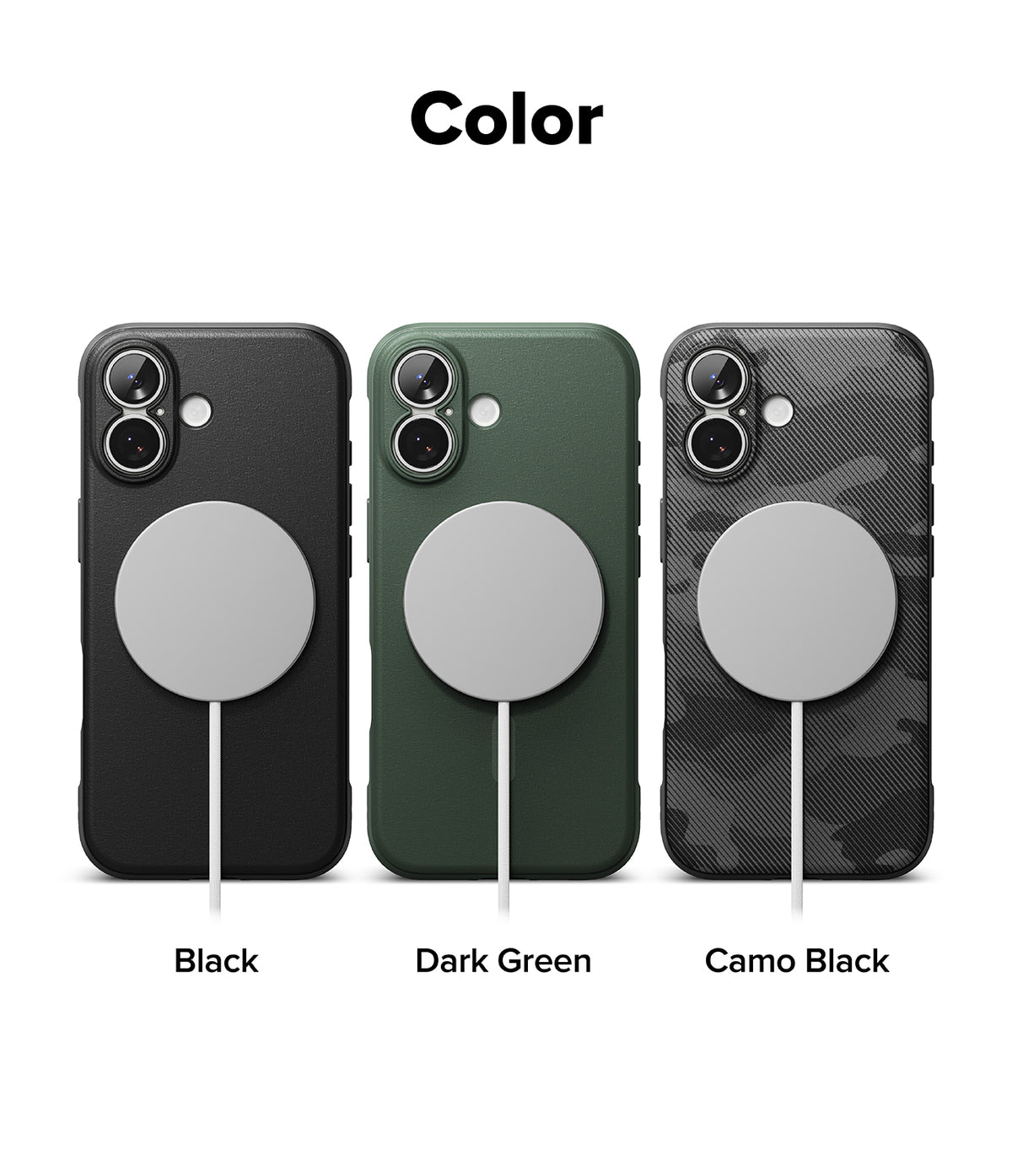 iPhone 17 Case | Onyx Magnetic - Three iPhone 17 cases in black, dark green, and camo black, each with a magnetic charger attached.