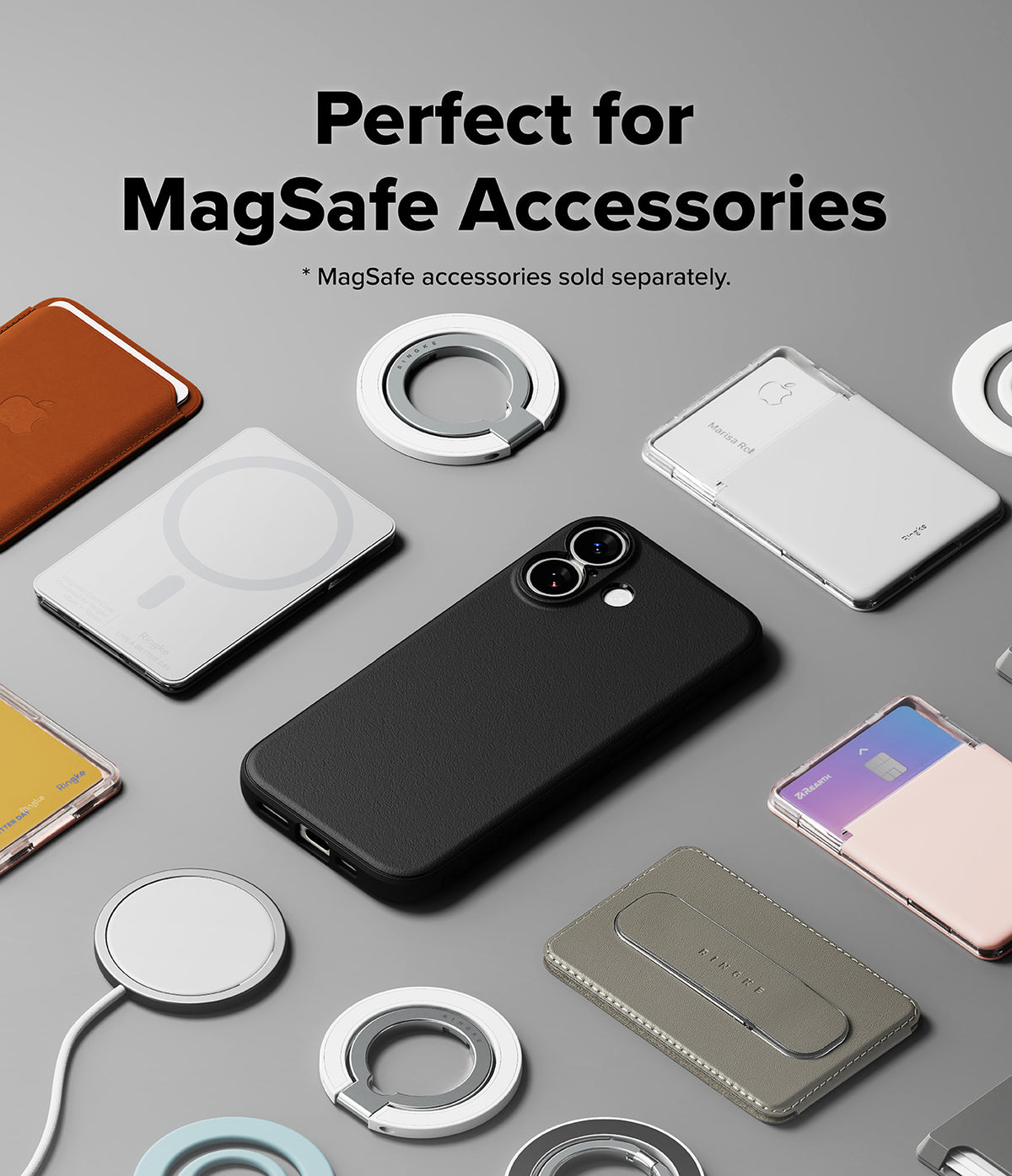 iPhone 17 Case | Onyx Magnetic - Black phone case surrounded by various MagSafe wallets, chargers, and ring holders.