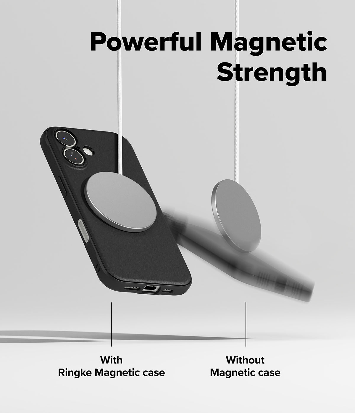 [Bundle] iPhone 17 | Onyx Magnetic - A black phone case held by a magnet versus a falling phone without a magnetic case.