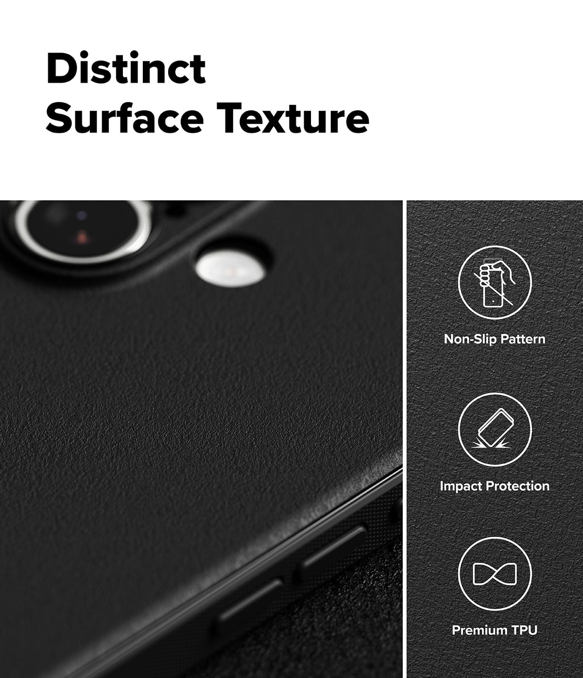 [Bundle] iPhone 17 | Onyx Magnetic - Close-up of black textured phone case with icons for non-slip, impact protection, and TPU material.