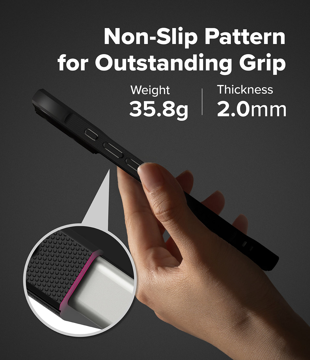 [Bundle] iPhone 17 | Onyx Magnetic - Hand holding black phone case with non-slip texture, 35.8g weight, and 2.0mm thickness.
