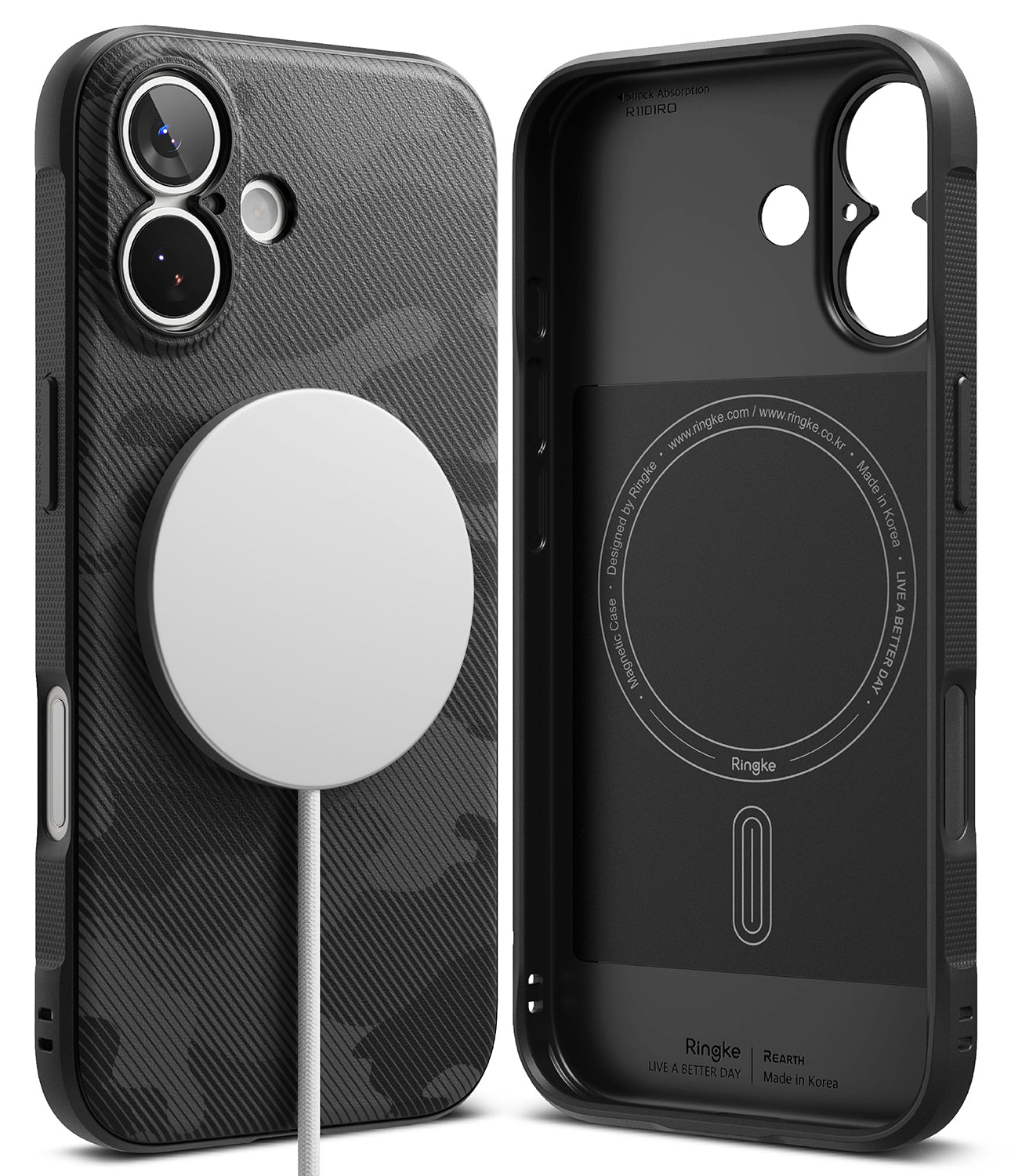 iPhone 17 Case | Onyx Magnetic - Black camo iPhone 17 case with a magnetic charging ring and interior branding.