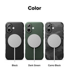 iPhone 17 Case | Onyx Magnetic - Three iPhone cases in black, dark green, and camo black, each with a magnetic charger attached.