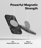 iPhone 17 Case | Onyx Magnetic - A magnetic charger holds a camo case phone while a phone without the case falls away.
