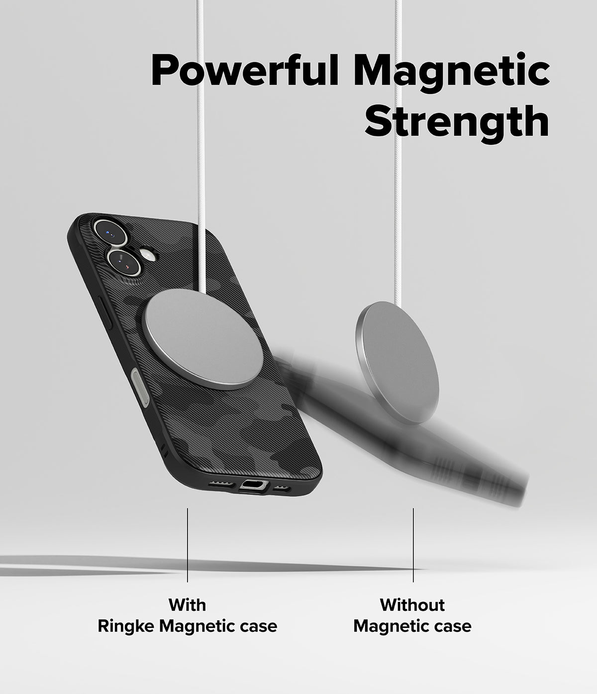 [Bundle] iPhone 17 | Onyx Magnetic - A magnetic charger holds a camo-patterned phone case while a bare phone falls away.