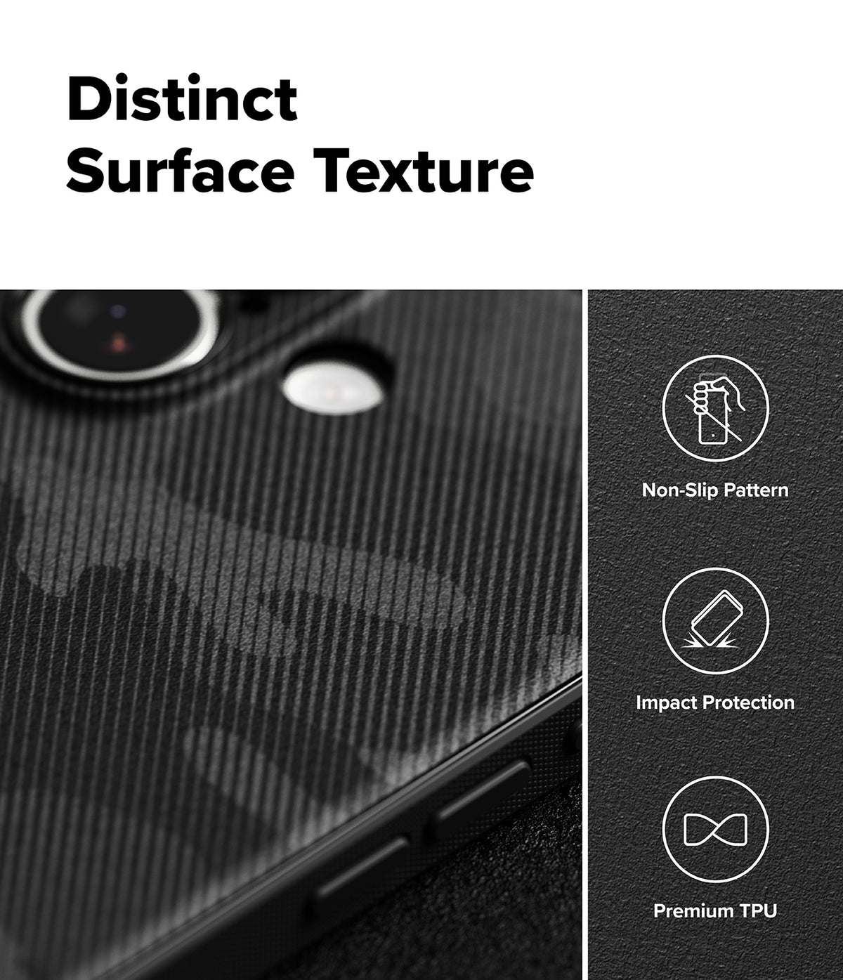 [Bundle] iPhone 17 | Onyx Magnetic - Close-up of black camo phone case texture with icons for non-slip, impact protection, and TPU material.