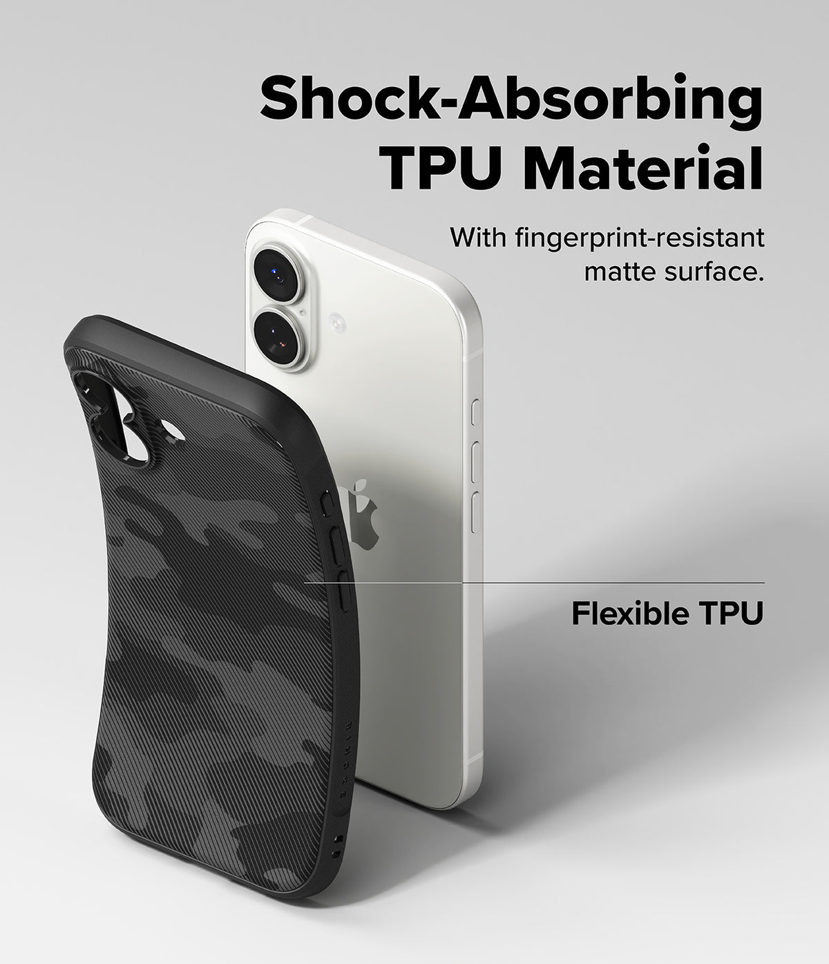 iPhone 17 Case | Onyx Magnetic - A flexible, black camo-patterned TPU phone case shown next to a white iPhone.