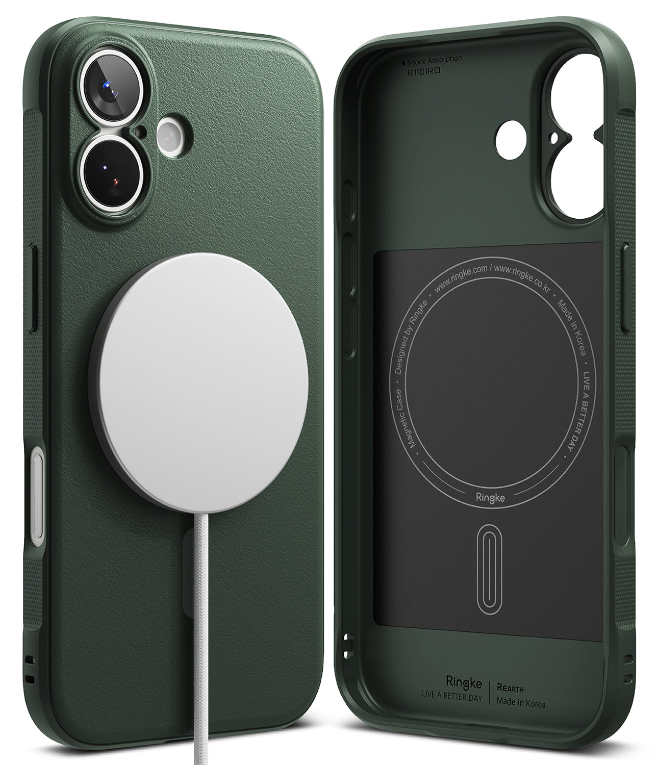 iPhone 17 Case | Onyx Magnetic - Dark green phone case showing exterior with magnetic charger and interior magnetic ring.