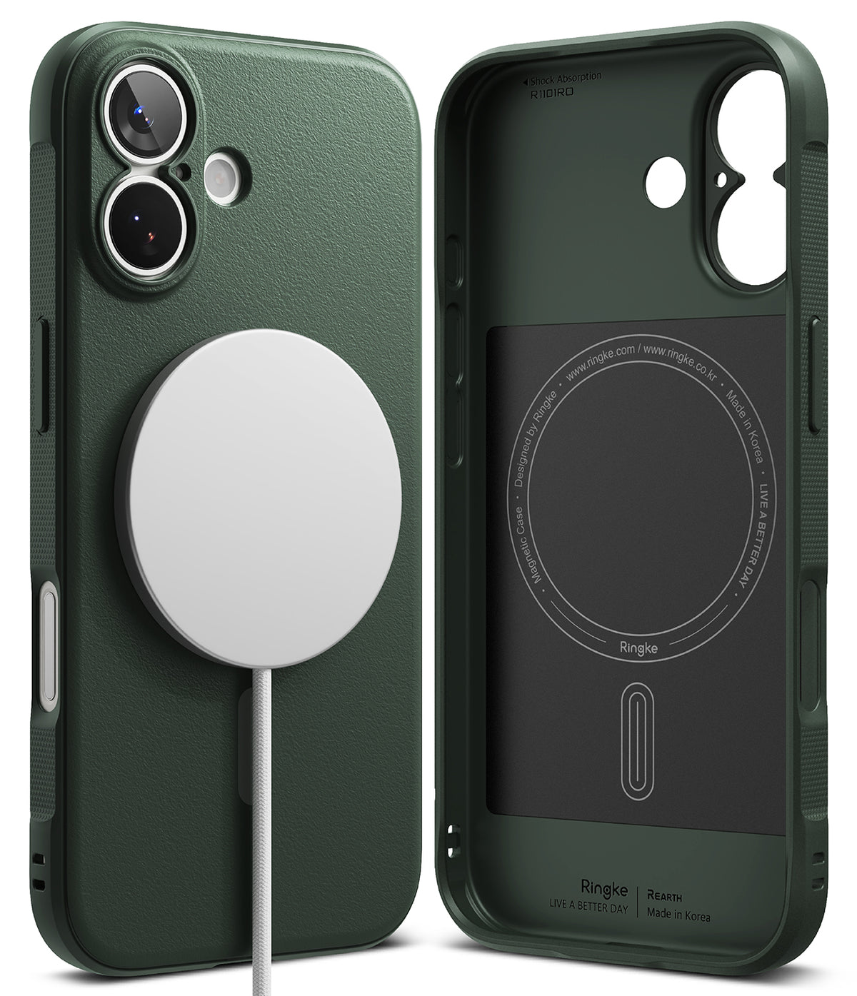 iPhone 17 Case | Onyx Magnetic - Dark green phone case showing exterior with magnetic charger and interior magnetic ring.