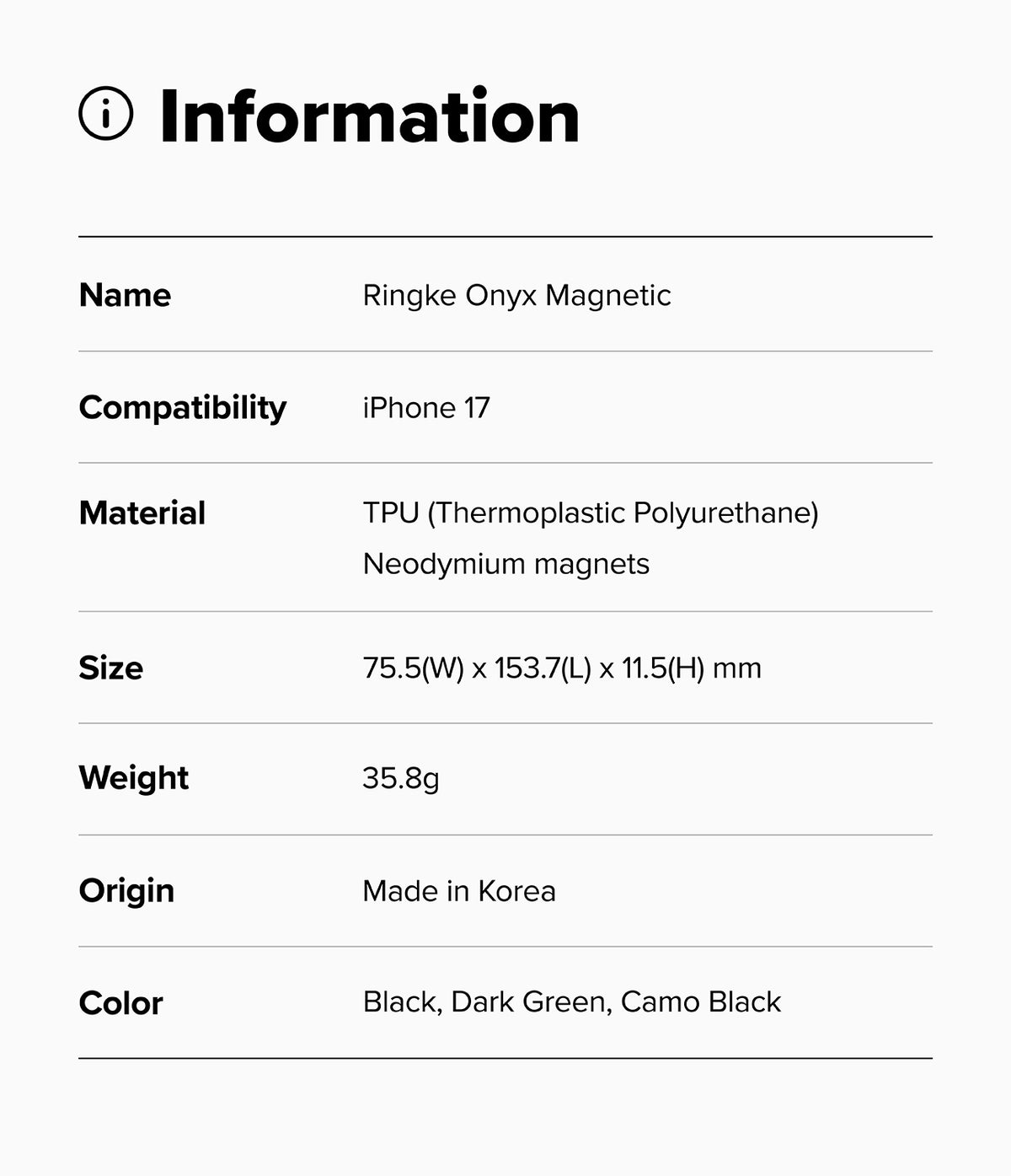 iPhone 17 Case | Onyx Magnetic - Information table listing product name, compatibility, material, size, weight, origin, and colors.
