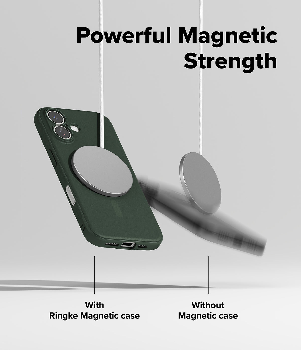 [Bundle] iPhone 17 | Onyx Magnetic - A green iPhone case securely attached to a magnetic charger versus a phone falling off.