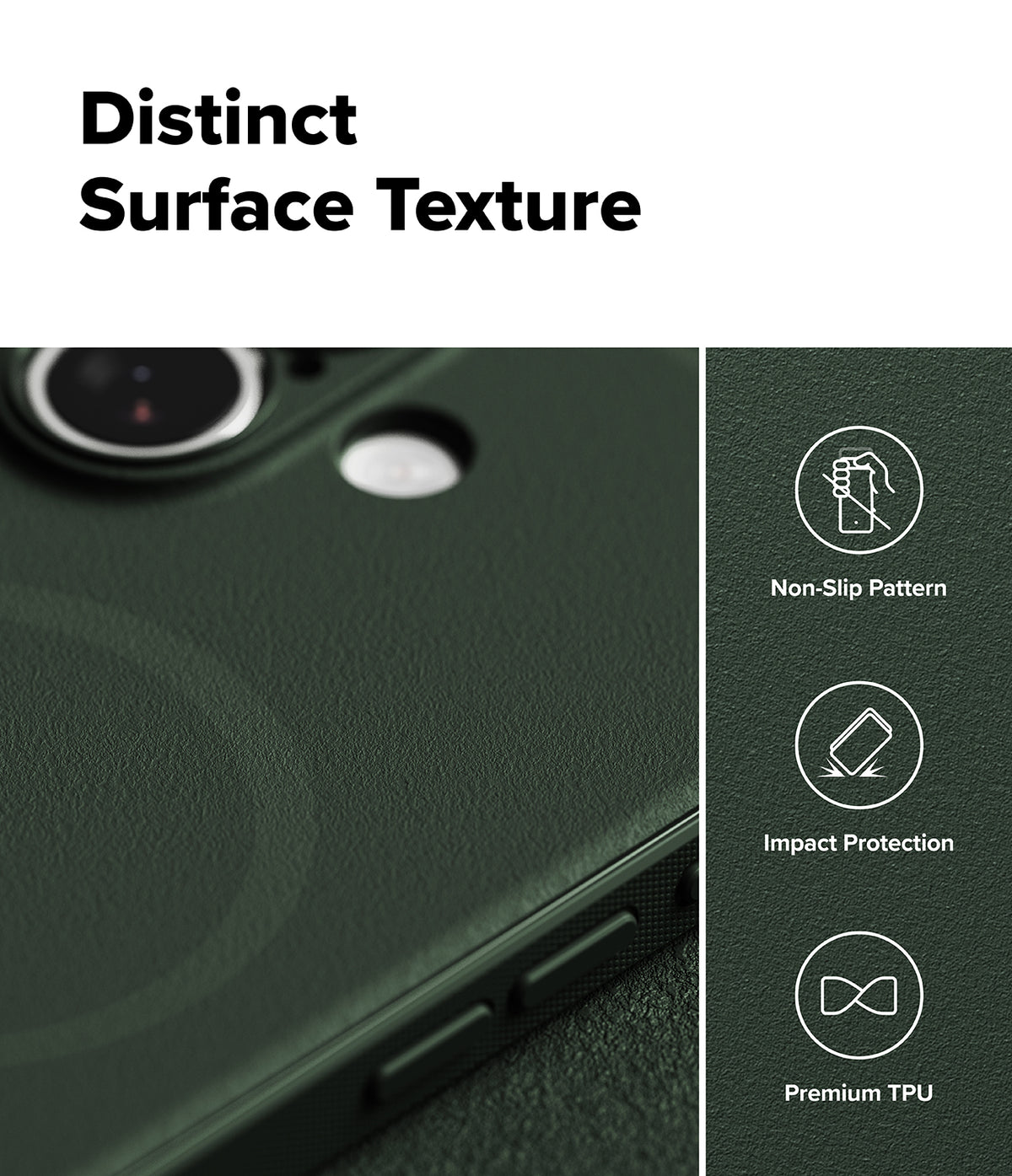 [Bundle] iPhone 17 | Onyx Magnetic - iPhone 17 | Onyx Magnetic - Close-up of dark green phone case texture with icons for non-slip, impact protection, and TPU.