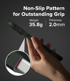 iPhone 17 Case | Onyx Magnetic - Hand holding phone case showing non-slip side texture, weight 35.8g, and 2.0mm thickness.