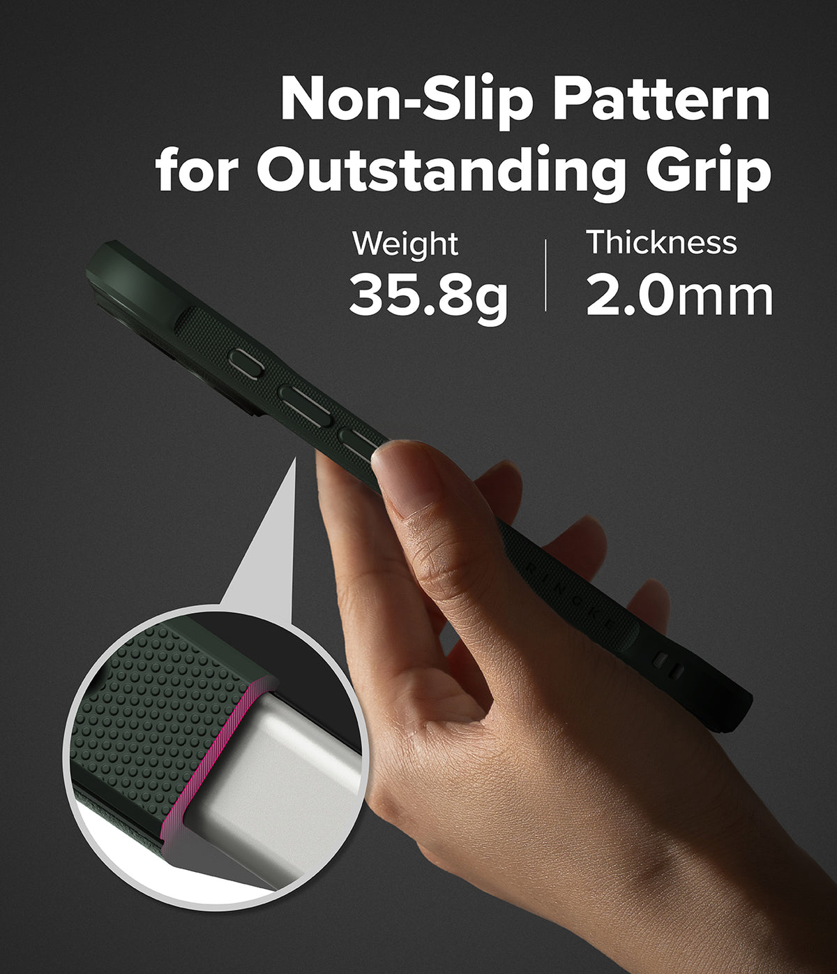 [Bundle] iPhone 17 | Onyx Magnetic - Hand holding a phone case with a textured non-slip grip, 35.8g weight, and 2.0mm thickness.