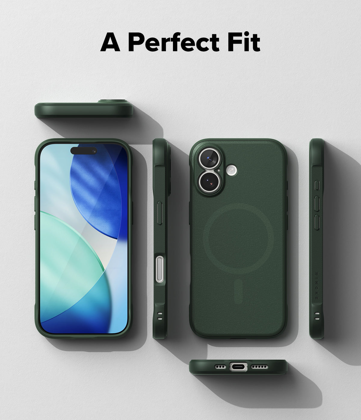 iPhone 17 Case | Onyx Magnetic - Dark green phone case shown from multiple angles, highlighting magnetic back and precise fit.