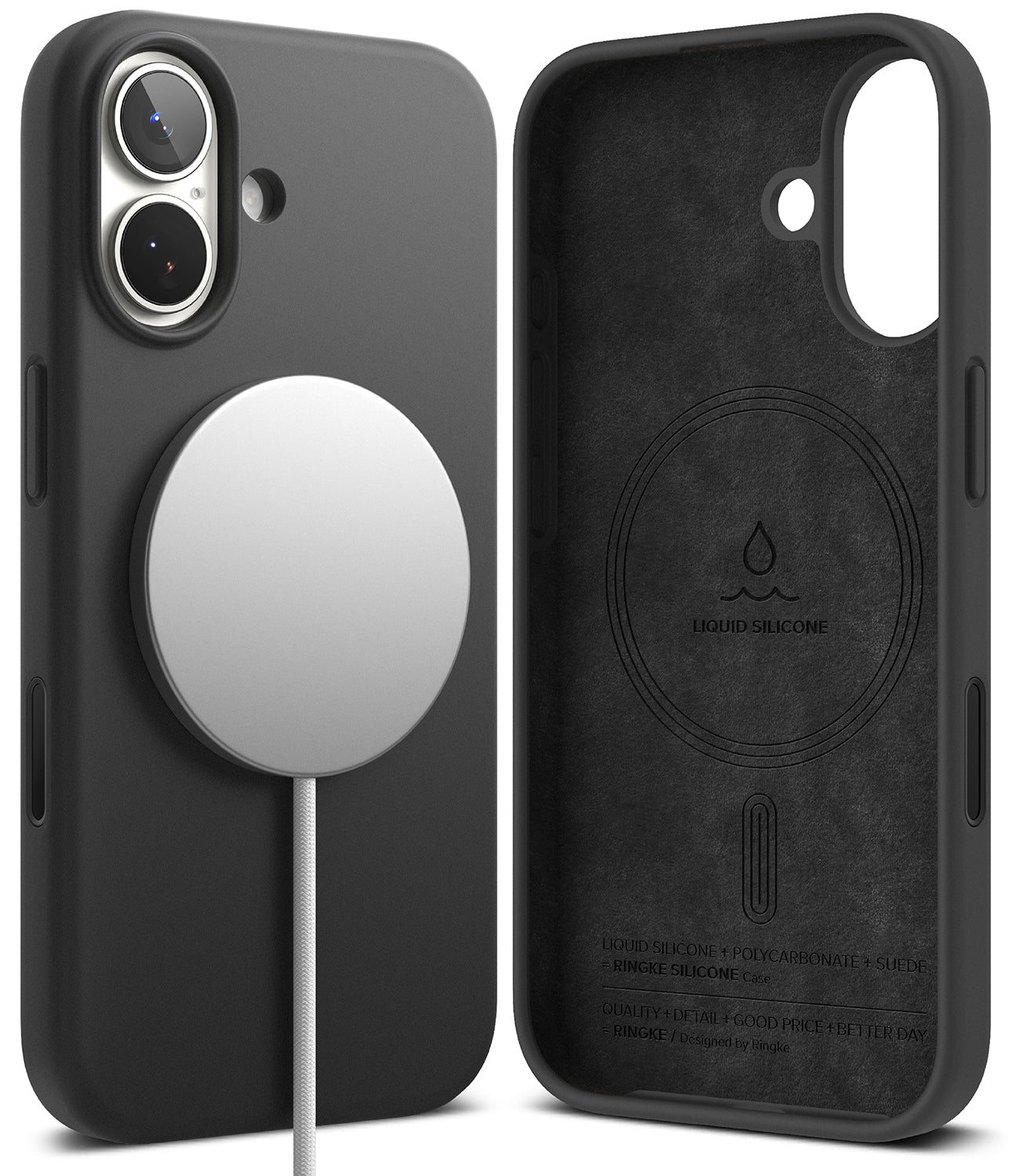 iPhone 17 Case | Silicone Magnetic - Black silicone case with magnetic charger on back and suede-lined interior.