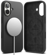 iPhone 17 Case | Silicone Magnetic - Black silicone case with magnetic charger on back and suede-lined interior.