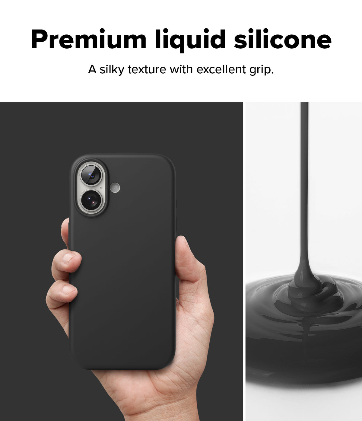 [Bundle] iPhone 17 | Silicone Magnetic - Hand holding a black silicone iPhone 17 case next to liquid silicone pouring.
