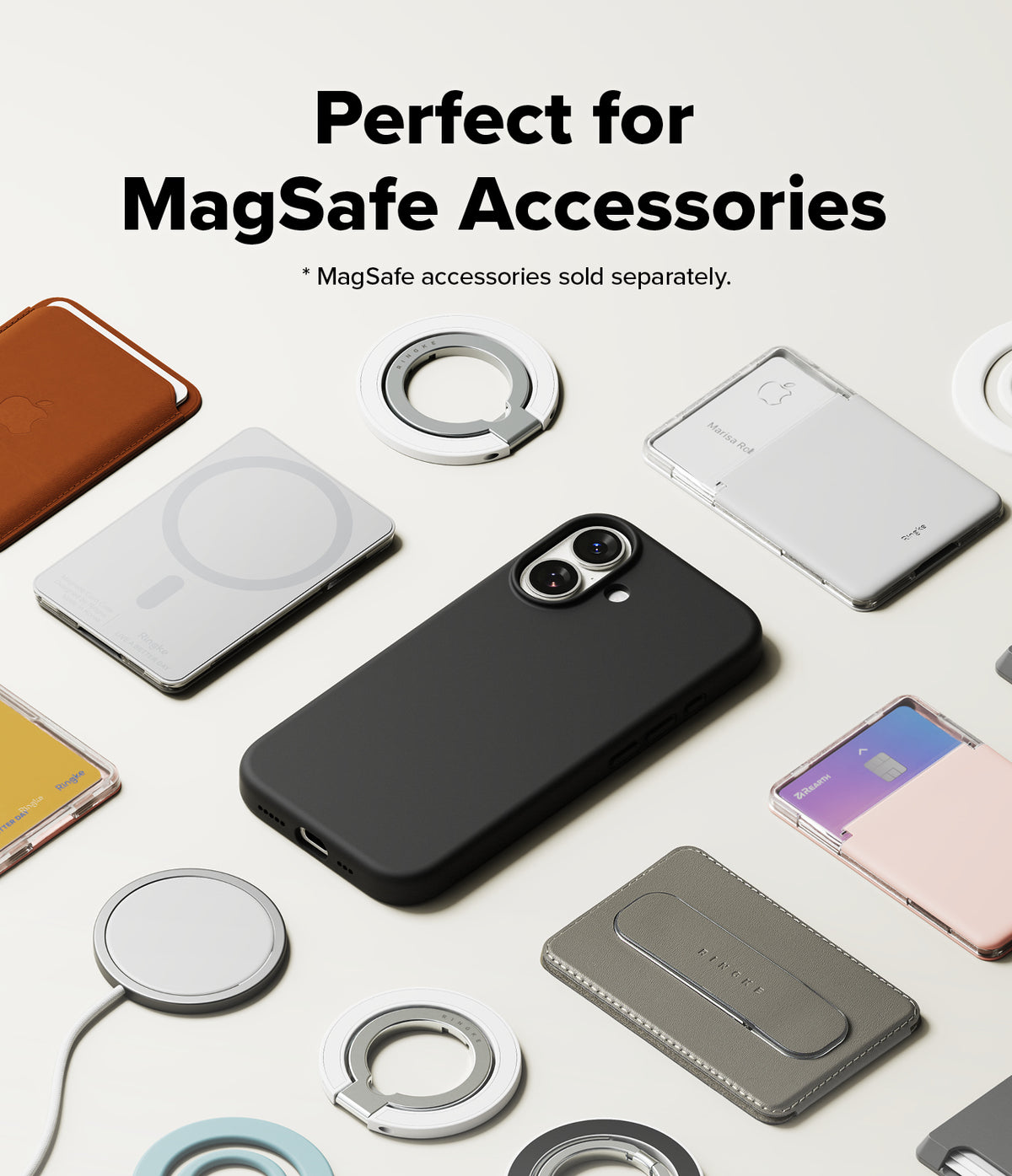 iPhone 17 Case | Silicone Magnetic - Black silicone iPhone 17 case surrounded by various MagSafe chargers, wallets, and rings.
