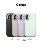 iPhone 17 Case | Silicone Magnetic - Four iPhone 17 cases in black, stone, light purple, and soft mint arranged in a row.